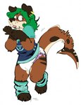 anthro brown_body brown_fur clean_diaper clothed clothing diaper ear_piercing female fur green_hair hair leg_warmers legwear piercing shirt simple_background solo standing surprised_expression tan_body tan_fur topwear wearing_diaper white_background slusheep canid canine canis domestic_dog fish hybrid mammal marine shark 2017 hi_res