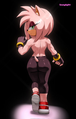 5_fingers alternate_costume anthro anthrofied athletic athletic_female bare_shoulders biped black_nose bottomwear butt clothed clothed_anthro clothed_female clothing eyelashes eyeshadow female female_anthro fingerless_gloves fingers footwear gloves green_eyes handwear iris looking_at_viewer looking_back looking_back_at_viewer makeup pants pink_body pupils shoes short_tail small_nose snout solo spotlight tail text tight_bottomwear tight_clothing tight_pants topless topless_anthro topless_female yoga_pants soranygyart sega sonic_the_hedgehog_(series) amy_rose eulipotyphlan hedgehog mammal artist_name hi_res