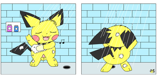 anus balls bathing duo feral fur genitals male penis shower showering singing singing_in_the_shower soap suds tapering_penis yellow_body yellow_fur pichu90 nintendo pokemon generation_2_pokemon pichu pokemon_(species)
