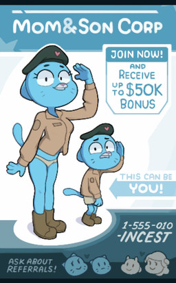 4_fingers age_difference anthro beret blue_body blue_tail boots breasts clothed clothing duo eyebrows eyelashes female fingers footwear gesture hat headgear headwear heart_symbol implied_incest looking_at_viewer male male/female mature_anthro mature_female older_female panties salute shoes standing tail text topwear underwear young younger_male ta777371 cartoon_network the_amazing_world_of_gumball chi_chi chi_chi's_mom gumball_watterson nicole_watterson domestic_cat felid feline felis mammal english_text letterbox mother_(lore) mother_and_child_(lore) mother_and_son_(lore) parent_(lore) parent_and_child_(lore) parent_and_son_(lore) son_(lore)