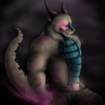 1:1 angry anthro biceps black_background black_clothing black_horn clenched_teeth clothed clothing dark dragon fangs fur furred_dragon furred_scalie glowing glowing_eyes hi_res horn male metalfoxt multicolored_body muscular muscular_male mythological_creature mythological_scalie mythology purple_eyes ratharn scalie simple_background solo tail tattoo teeth topless