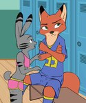 anthro bottomwear bulge clothed clothing duo erection erection_under_clothing femboy fur gym male shorts smile sportswear judyhopps44 kitsune2000 disney zootopia jack_savage nick_wilde canid canine fox lagomorph leporid mammal rabbit red_fox true_fox 5:6 digital_media_(artwork) hi_res