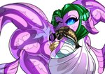 bent_over big_breasts blue_eyes breasts duo female feral green_hair hair huge_breasts non-mammal_breasts purple_body simple_background white_background bartending_crow laa animal_humanoid fish humanoid marine marine_humanoid absurd_res hi_res