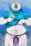 anthro bulge clothed clothing clothing_lift male overweight overweight_anthro overweight_male shirt shirt_lift simple_background solo topwear underwear overcross disney zootopia koslov_(zootopia) bear mammal polar_bear ursine 2017 hi_res