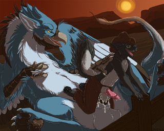 anal anal_penetration anthro anthro_on_feral anthro_penetrated balls beak bestiality bodily_fluids chaps claws clothing cowboy_hat cum cum_in_ass cum_inside duo erection eyewear feathered_wings feathers feral feral_penetrating feral_penetrating_anthro fur genital_fluids genitals glasses hat headgear headwear huge_penetration interspecies knot larger_male lying male male/male male_on_bottom male_on_feral male_on_top male_penetrated male_penetrating male_penetrating_male on_back on_bottom on_top open_mouth penetration penis reverse_cowgirl_position sex size_difference smaller_male sunset tail tongue wings ovens mythology avian canid canine canis gryphon mammal mythological_avian mythological_creature wolf 2013
