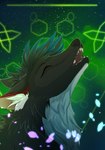 ambiguous_gender chest_tuft eyes_closed feral glowing hair howl outside petals ryux short_hair smile solo space tuft naahva canid canine canis mammal wolf 2022 digital_media_(artwork) headshot_portrait hi_res portrait