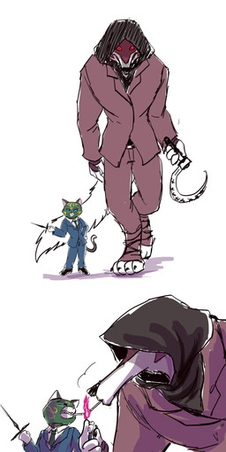 anthro barefoot cigarette clothed clothing crossdressing dagger duo feet female fire fluffy fluffy_tail footwear fully_clothed holding_object holding_weapon hood interspecies looking_at_viewer male male/female mask melee_weapon red_eyes shadow shoes sickle size_difference smoking standing string suit tail weapon ultimatellurker dreamworks puss_in_boots_(franchise) team_fortress_2 valve valve_corporation death_(puss_in_boots) kitty_softpaws spy_(team_fortress_2) canid canine canis domestic_cat felid feline felis mammal wolf absurd_res hi_res sketch