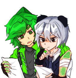 animal_ears bandage black_clothing black_gloves black_handwear brown_eyes claws clothing duo eyebrows fangs gloves green_clothing green_eyebrows green_eyes green_hair green_jacket green_topwear hair hand_on_shoulder handwear head_spike holding_object holding_paper jacket looking_down male panda_ears paper scales simple_background teeth thinking topwear white_background white_claws white_eyebrows white_hair unknown_artist mini_world misra_(mini_world) pandaa_(mini_world) animal_humanoid humanoid mammal reptile scalie