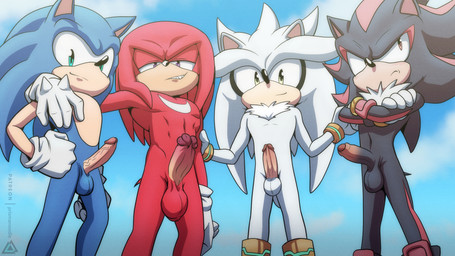 animal_genitalia animal_penis anthro balls beach black_body black_fur blue_body clothing crossed_arms echidna_penis erection foreskin fur genitals glans gloves green_eyes group handwear humanoid_genitalia humanoid_penis looking_at_viewer looking_away male nude penis red_body simple_background sky smile tail vein veiny_penis white_body prismanoodle sega sonic_the_hedgehog_(series) knuckles_the_echidna shadow_the_hedgehog silver_the_hedgehog sonic_the_hedgehog echidna eulipotyphlan hedgehog mammal monotreme hi_res