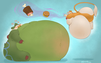 belly belly_blush big_belly blue_background blush body_blush bow_tie burger food food_in_mouth force_feeding forced fur heart_symbol huge_belly hyper hyper_belly magic orange_body orange_fur overweight simple_background tail crestdraggy nintendo pokemon camerupt canid canine canis domestic_dog generation_1_pokemon generation_3_pokemon herding_dog legendary_pokemon mammal mew_(pokemon) pastoral_dog pokemon_(species) welsh_corgi 16:10 absurd_res hi_res widescreen