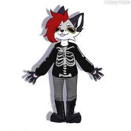 anthro black_body black_fur blep bone clothing costume fur grey_body grey_fur hair male red_hair skeleton solo standing tongue tongue_out white_body white_fur yellow_eyes miavumav danya_(miavumav) canid canine canis jackal mammal 1:1 hi_res