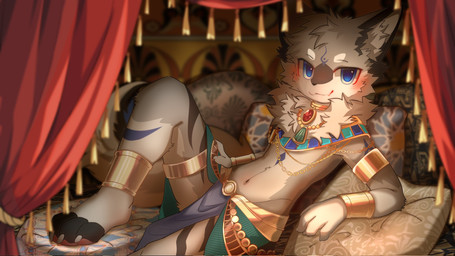 4_fingers :3 anthro bed bedroom bedroom_eyes biped blue_eyes blue_markings blurred_background blush blush_lines chest_tuft claws clothing curtains curtains_open egyptian egyptian_clothing fangs fingers fur furniture grey_body grey_fur inner_ear_fluff inside kemono looking_at_viewer lying lying_on_bed male markings multicolored_body multicolored_fur narrowed_eyes neck_tuft on_bed pawpads paws pillow pose red_curtains seductive smile smiling_at_viewer solo teeth tuft white_body white_fur hlg7777 maxliu canid canine canis mammal wolf 16:9 2025 digital_drawing_(artwork) digital_media_(artwork) hi_res shaded wallpaper warm_colors widescreen