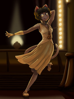 alternative_fashion anthro backlighting black_hair bob_cut brown_body brown_eyes brown_fur brown_hair clothed clothed_anthro clothed_female clothing clubs_(suit) dancing detailed_background dress female flapper flapper_dress footwear fully_clothed fully_clothed_anthro fully_clothed_female fur gloves hair handwear happy jewelry light lights raised_leg reaching shoes short_hair smile solo stage standing suit_symbol teeth yellow_clothing yellow_eyes yellow_gloves yellow_handwear dkside41 lackadaisy ivy_pepper domestic_cat felid feline felis mammal absurd_res hi_res lighting
