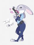 anthro claws clothed clothing dipstick_ears ear_markings female fully_clothed fur grey_background grey_body grey_fur heart_symbol holding_object holding_weapon looking_at_viewer multicolored_ears one_eye_closed police police_uniform scut_tail short_tail simple_background solo standing tail toeless_legwear uniform weapon white_body white_fur u-min disney zootopia judy_hopps lagomorph leporid mammal rabbit