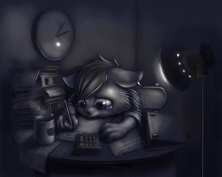 anthro blue_eyes bodily_fluids calculator chair clock container crying cup dark desk detailed_background ear_piercing folder furniture holding_object holding_pencil holding_writing_utensil hot_drink inside lamp long_day_at_work male night office paper pencil_(object) piercing sad solo stress table tears tired working writing_text writing_utensil silverfox5213 canid canine mammal 2010 5:4 digital_media_(artwork)