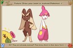 2017 ambiguous_gender anthro bellsprout big_ears blush brown_body brown_eyes brown_fur digital_media_(artwork) english_text exclamation_point eyebrows eyelashes female flavia-elric fluffy_ears fur generation_1_pokemon generation_3_pokemon generation_4_pokemon group hand_on_hip heart_symbol humanoid leaf leaf_arms lips looking_at_another lopunny medicham mouth_closed nintendo paws pokemon pokemon_(species) pupils question_mark simple_background sparkles standing text thick_eyebrows thick_lips trio white_sclera