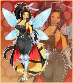 alternative_fashion antennae_(anatomy) armor belt border cape chain choker claw_(weapon) claws clothing combi female jewelry melee_weapon metal necklace punk red_eyes solo tail teeth weapon wings yellow_body yellow_border revkoen nintendo pokemon beedrill generation_1_pokemon pokemon_(species) absurd_res hi_res