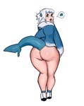 big_butt blue_body blue_clothing blue_eyes blue_highlights blue_hoodie blue_scales blue_topwear bottomless butt clothed clothing dialogue dorsal_fin eyelashes female fin fish_tail footwear hair highlights_(coloring) hoodie huge_butt looking_at_viewer looking_back looking_back_at_viewer open_mouth rear_view scales shoes solo speech_bubble tail tan_body tan_skin text thick_thighs topwear white_clothing white_footwear white_hair white_shoes wide_hips dolecat hololive hololive_en vtuber gawr_gura animal_humanoid fish fish_humanoid humanoid marine marine_humanoid shark_humanoid tailed_humanoid