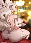 anthro big_breasts blue_eyes breasts clothed clothing container cup dress drinking_glass female fur glass glass_container glass_cup looking_at_viewer rear_view solo tail text white_body white_fur wine_glass juppi mythology nintendo pokemon dragon generation_5_pokemon legendary_pokemon mythological_creature mythological_scalie pokemon_(species) reshiram scalie hi_res