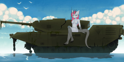 anthro barefoot biped blowing_hair breasts casual_nudity cloud cloudy_sky day featureless_breasts feet female female_anthro fur gloves_(marking) hair horn leg_markings long_hair markings medium_breasts nude nude_anthro nude_female outdoor_nudity outside pink_hair plantigrade pose red_eyes reflection sky socks_(marking) solo tank_(vehicle) vehicle water wind temmears mythology dragon furred_dragon furred_scalie mythological_creature mythological_scalie scalie animated digital_media_(artwork) full-length_portrait hi_res portrait shaded simple_shading