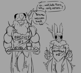 antennae_(anatomy) anthro apron blush blush_lines bodily_fluids clothing container cup duo erection erection_under_clothing fluffy food greeting horn male neck_tuft notebook serving_tray sweat text tuft wide_hips pavek494816 fedel_(pavek494816) taik_(pavek494816) arthropod bovid caprine goat insect lepidopteran mammal moth english_text hi_res monochrome
