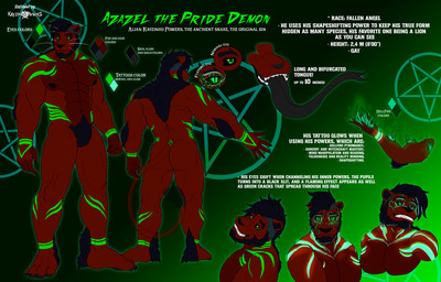 anthro arm_tattoo black_sclera breasts brown_body brown_fur butt chest_tattoo elemental_manipulation fire fire_manipulation fur green_eyes green_tattoo hair leg_tattoo looking_at_viewer male markings neck_tattoo nipples nude pupils simple_background slit_pupils smile solo tail tattoo text kay_powers azazel_superbia kay_(azazel) demon felid feline lion mammal pantherine digital_media_(artwork) english_text hi_res model_sheet