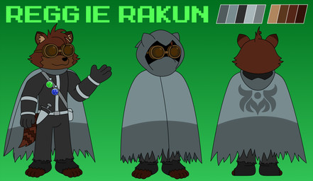 4_toes anthro brown_body brown_fur cape clothing eyewear feet footwear fur gloves goggles handwear knife_sheath male markings potion potion_bottle ring_(marking) ringed_tail shoes striped_markings striped_tail stripes tail tail_markings toeless_footwear toeless_shoes toes reggie_rakun reggie_rakun_(character) mammal procyonid raccoon absurd_res hi_res model_sheet