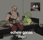 anthro bed duo furniture green_body green_scales humor male scales sharp_teeth sitting teeth text krypionraptor mortal_kombat baraka reptile_(mortal_kombat) humanoid monster scalie tarkatan hi_res meme spanish_text