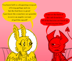 1_eye accessory booth_seating clothing collared_shirt dialogue duo feathered_wings feathers halo head_tuft horn makeup male mascara necktie shirt spade_tail tail text topwear tuft wings wings_on_head nylonhellhole aubrey_(nylonhellhole) krylon_(nylonhellhole) angel cherub humanoid imp 2023 digital_drawing_(artwork) digital_media_(artwork) english_text