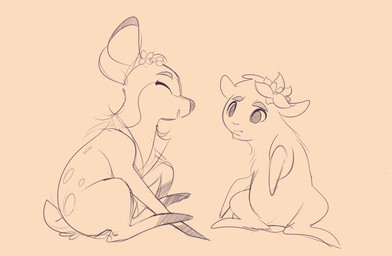 2_horns accessory ambiguous_gender duo eyes_closed feral flower flower_in_hair flower_on_head fur hair hair_accessory horn plant quadruped short_hair spots tail itsdanfango ansel_(itsdanfango) olive_(itsdanfango) bovid caprine deer goat mammal 2018 hi_res monochrome sepia sketch unfinished