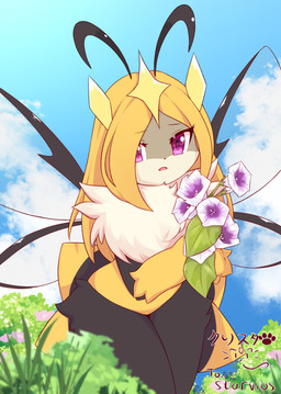 anthro black_body black_fur black_nose blonde_hair chest_tuft detailed_background female flower fur grass hair looking_at_viewer open_mouth pale_fur plant purple_eyes solo tongue tree tuft yellow_body yellow_fur kryztar solo_farming_in_the_tower queen_poisonous_honeybee_(solo_farming_in_the_tower) arthropod bee hymenopteran insect poison_honeybee_(solo_farming_in_the_tower) absurd_res hi_res