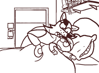 anthro bed bedding bedroom blanket clothing dildo doll duo eye_contact eye_patch eyewear furniture hat headgear headwear hook hook_hand inside knot knotted_dildo looking_at_another machine male pillow pushbutton sex_toy shelf crisis-omega five_nights_at_freddy's scottgames the_simpsons foxy_(fnaf) mike_schmidt animatronic canid canine fox human mammal robot robot_anthro