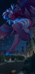 anthro bottomwear building car city clothing female huge_wings jacket landing light low-angle_view macro night paws plant purple_bottomwear purple_clothing purple_jacket purple_shorts purple_topwear shorts skyscraper solo street topwear tree vehicle discordthege felid feline mammal 2022 absurd_res hi_res