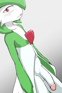 anthro balls big_penis chest_spike circumcised dutch_angle femboy genitals green_hair hair half-erect humanoid_genitalia humanoid_penis looking_at_viewer male penis red_eyes solo spikes spikes_(anatomy) standing white_body vulapa nintendo pokemon gardevoir generation_3_pokemon humanoid pokemon_(species) 2:3 absurd_res hi_res