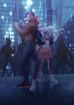 5_fingers anthro breasts city clothed clothing day detailed_background female fingers hair male midriff outside raining smile white_hair plgdd canid canine canis fox mammal red_wolf wolf 2022 digital_media_(artwork) hi_res