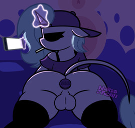 anthro balls black_eyes buttplug cellphone clothing electronics female genitals hat headgear headwear horn intersex legwear phone plug_(sex_toy) sex_toy smartphone solo thigh_highs unicorn_horn nardojfuckin loveweb mythology cybermare_(loveweb) equid equine mammal mythological_creature mythological_equine unicorn absurd_res hi_res trans_(lore) trans_woman_(lore)