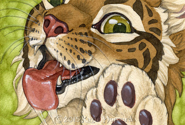black_lips feral green_eyes lips open_mouth paws smile solo teeth tongue whiskers katie_hofgard felid feline mammal 2015 headshot_portrait portrait traditional_media_(artwork)