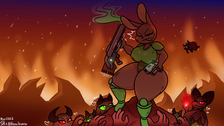 angry anthro behind_another big_butt blush blush_lines breasts butt cross-popping_vein eyebrows female flying group gun handgun heart_symbol hell holding_gun holding_handgun holding_object holding_pistol holding_ranged_weapon holding_weapon horn long_ears male narrowed_eyes pistol raised_eyebrows ranged_weapon smile smoke standing tail thick_thighs weapon randompersonguy furdoom daisy_(katzenart) joshua_(katzenart) karyna_(katzenart) zackary_(katzenart) bovid caprine caprine_demon demon goat goat_demon lagomorph mammal spiderfennec 16:9 2025 digital_drawing_(artwork) digital_media_(artwork) hi_res signature widescreen