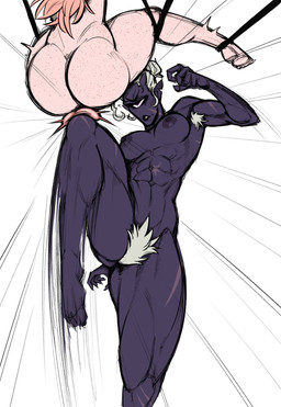 1_eye armpit_hair ballbusting balls bdsm big_pubes body_hair bondage bound breasts butt cock_and_ball_torture duo female freckles genital_torture genitals hair knee_kick knee_up long_hair male muscular muscular_female muscular_humanoid nude nude_female nude_male pointy_ears pubes purple_body rope simple_background dojyaan raleigh_(dojyaan) cyclops humanoid hi_res