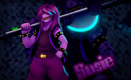 ambiguous_gender axe bracelet clothing femboy glowing hair hair_over_eyes jacket jewelry melee_weapon smile solo spiked_bracelet spikes teeth thick_thighs topwear weapon draeusz deltarune undertale_(series) susie_(deltarune) reptile scalie 2018 absurd_res hi_res female_(lore)