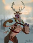 3_fingers abs animal_genitalia anthro anthrofied antlers areola balls bell biceps big_muscles blurred_background blush cloud embarrassed fingers fully_sheathed fur genitals harness holidays hooved_fingers hooves horn looking_at_viewer male muscular muscular_anthro muscular_male navel nipples nude open_mouth outside pecs plant sheath snow solo standing teeth thick_arms tongue top_heavy tree tuft glass0milk christmas disney frozen_(disney) sven_(frozen) deer mammal new_world_deer reindeer 2024 hi_res signature