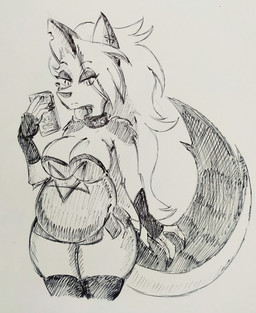 anthro belly big_breasts bottomwear breasts cellphone clothing collar ear_piercing electronics female fingerless_gloves fur gloves hair handwear leggings legwear multicolored_body multicolored_fur notched_ear phone piercing pregnant pregnant_anthro pregnant_female skirt solo spiked_collar spikes thick_thighs two_tone_body two_tone_fur pikapika212 hellaverse helluva_boss mythology loona_(helluva_boss) canid canid_demon canine demon hellhound mammal mythological_canine mythological_creature 2024 hi_res monochrome sketch traditional_media_(artwork)