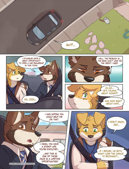 anthro beard black_nose blue_clothing blue_necktie blue_shirt blue_topwear brown_clothing brown_hoodie brown_topwear car clothing dialogue driving duo facial_hair frown fur green_eyes hand_on_arm hoodie inside male necktie orange_eyes outside pattern_necktie shirt shoulder_grab speech_bubble striped_necktie suit_jacket text thought_bubble topwear vehicle white_body white_clothing white_fur white_hoodie white_necktie white_shirt white_topwear yellow_body yellow_fur zeta-haru andrew_mustard joel_mustard bird_dog canid canine canis domestic_dog golden_retriever hunting_dog mammal retriever 2025 comic english_text father_(lore) father_and_child_(lore) father_and_son_(lore) parent_(lore) parent_and_child_(lore) parent_and_son_(lore) son_(lore)