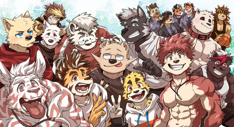 5_fingers abs anthro athletic athletic_anthro athletic_male black_body black_ears black_fur black_hair cigarette cigarette_in_mouth clothing collar collarbone eyewear fingers fur gesture glasses group hair hand_gesture inner_ear_fluff large_group male multicolored_hair muscular object_in_mouth orange_body orange_fingers orange_fur orange_hands pecs pink_tongue red_collar tan_body tan_ears tan_fur teeth tongue tongue_out topwear tuft two_tone_hair v_sign white_body white_fur yellow_body yellow_fur kumak71395 coldrey_hansen matheson_walker richard_victor tricky_"kiki"_clarke canid canine cheetah felid feline haplorhine mammal monkey pantherine primate tiger 2022 absurd_res hi_res
