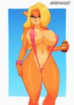 5_fingers anthro areola areola_slip big_breasts blonde_hair blue_background border breasts clothing ear_piercing ear_ring eyebrows eyelashes female fingers front_view fur green_eyes hair holding_object huge_breasts long_hair looking_at_viewer navel one-piece_swimsuit orange_body orange_fur piercing pink_areola pink_clothing pink_swimwear ring_piercing simple_background sling_bikini smile solo sunscreen swimwear tan_body tan_fur thick_thighs white_border wide_hips zerockart activision crash_bandicoot_(series) tawna_bandicoot bandicoot mammal marsupial digital_media_(artwork) hi_res