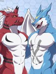 abs anthro blue_body duo hair horn looking_at_viewer male male/male markings muscular muscular_anthro muscular_male navel nude pecs red_body red_eyes sharp_teeth teeth white_hair wings yellow_eyes seandemon bandai_namco digimon digimon_(species) exveemon growlmon scalie hi_res