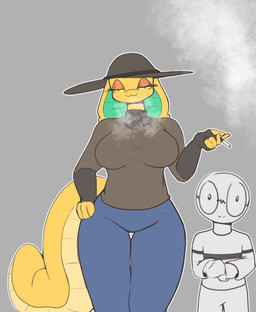 anthro big_breasts big_hat big_tail breasts cigarette clothing duo female gloves handwear hat headgear headwear looking_at_viewer male male/female monochrome_body multicolored_body orange_body simple_background size_difference smile snake_hood tail white_body yellow_eyes young young_male yairo ethan_(yairo) raquel_(yairo) cobra human mammal reptile scalie snake absurd_res digital_media_(artwork) hi_res