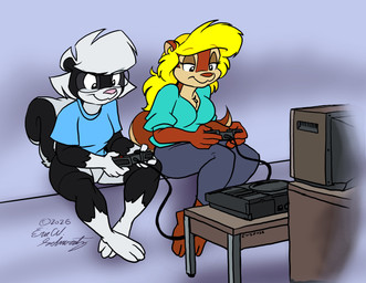 3_toes 4_fingers anthro black_body black_fur blonde_hair bottomless bottomless_anthro bottomless_female breasts brown_body brown_fur brown_nose chest_tuft clothed clothed_anthro clothed_female clothing controller duo electronics eyebrows eyewear feet female fingers fur furniture game_controller gaming glasses gloves_(marking) hair hindpaw holding_controller holding_game_controller holding_object humanoid_hands leg_markings markings multicolored_body paws pink_nose playing_video_game sitting smile socks_(marking) table television toes tuft two_tone_body wearing_glasses white_body white_fur white_hair eric_schwartz amiga_cd32 sabrina_online amy_squirrel sabrina_(sabrina_online) mammal mephitid rodent sciurid skunk tree_squirrel 2026 digital_media_(artwork) hi_res signature