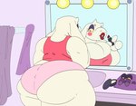 anthro big_breasts big_butt breasts butt cleavage clothed clothing female half-closed_eyes horn huge_breasts huge_butt huge_thighs lipstick makeup mirror narrowed_eyes panties shirt solo tank_top thick_thighs topwear underwear white_body wide_hips bun-e undertale undertale_(series) toriel boss_monster_(undertale) bovid caprine goat mammal absurd_res hi_res