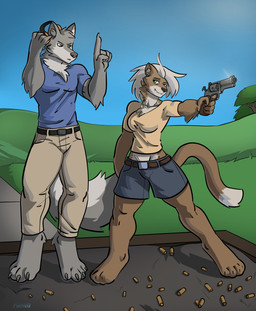 4_toes 5_fingers anthro athletic athletic_anthro athletic_female athletic_male barefoot belt biped black_nose bottomwear brown_body brown_eyes brown_fur bullet_casing cartridge_case cheek_tuft chest_tuft claws clothing countershade_face countershade_torso countershading day digitigrade dipstick_tail duo ear_protection earmuffs earplugs eye_contact facial_tuft feet female finger_claws fingers fluffy fluffy_tail fur fur_hair grass green_eyes grey_claws grey_nose gun hair handgun head_tuft hearing_protection holding_firearm holding_gun holding_handgun holding_object holding_ranged_weapon holding_revolver holding_weapon inner_ear_fluff khaki_pants khakis looking_at_another looking_back male markings multicolored_body multicolored_fur neck_tuft outside pants paws plant ranged_weapon retractable_claws revolver shell_casing shell_casings shirt shooting shorts sky smile smoke smoking_gun snout standing t-shirt tail tail_markings tank_top text toe_claws toes topwear tree tuft two_tone_body two_tone_fur weapon white_body white_fur white_hair wide_stance phrannd canid canine canis domestic_cat felid feline felis mammal wolf absurd_res artist_name hi_res shaded signature smaller_version_at_source